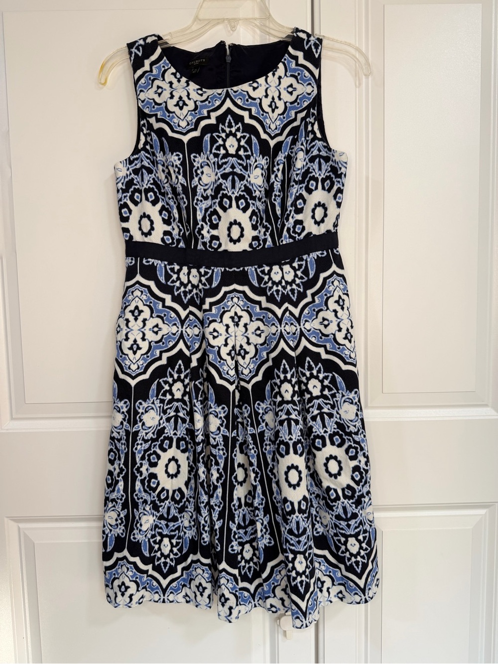Talbots Fit & Flare Geometric Tile Dress - Blue & White (Excellent Condition)